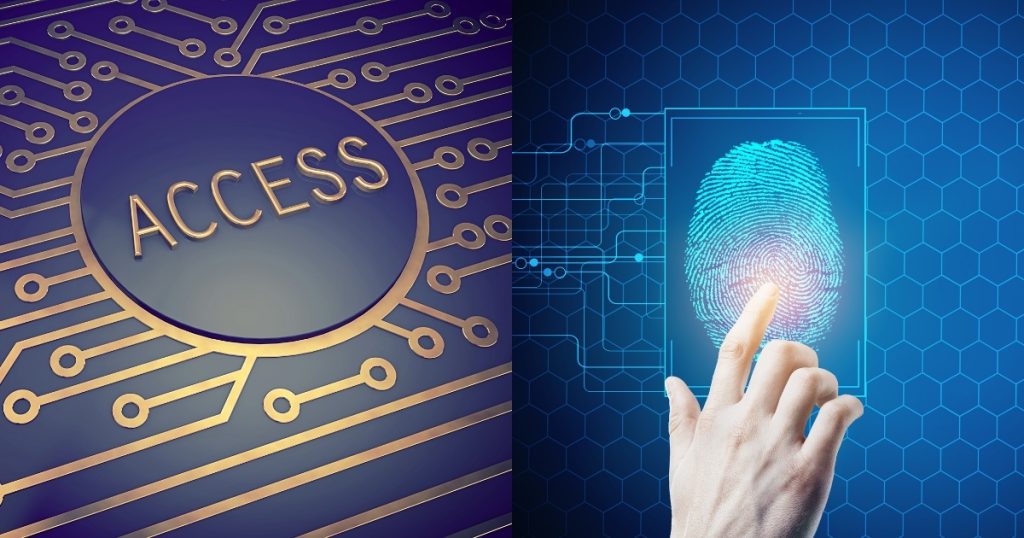 Biometric fingerprint scanning and circuit board with "ACCESS" text.