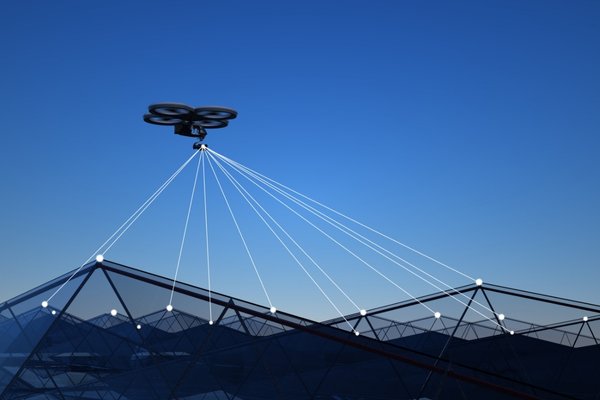 A drone flying above a building, emitting lines that connect to various points on the structure, representing advanced surveillance.