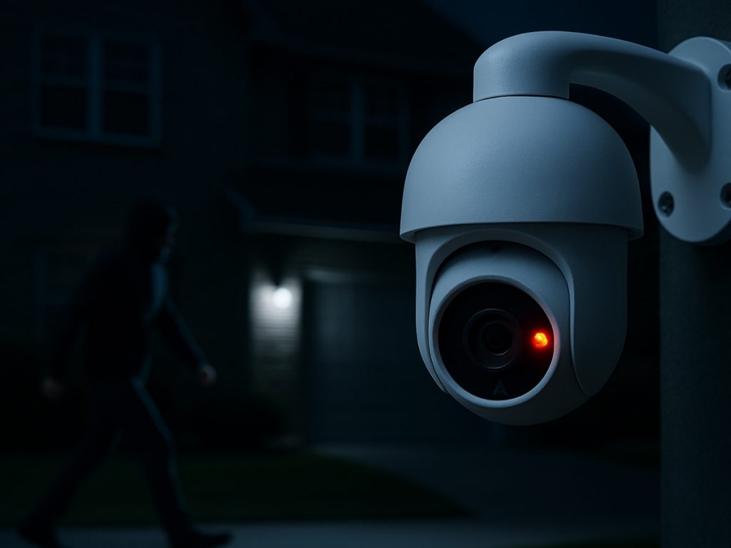 A security camera with a red light, indicating night vision, focused on a blurry figure of an intruder walking past a house at night.