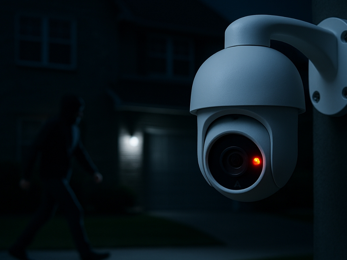 A security camera with a red light, indicating night vision, focused on a blurry figure of an intruder walking past a house at night.