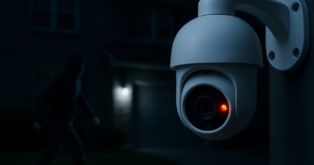 A security camera with a red light, indicating night vision, focused on a blurry figure of an intruder walking past a house at night.