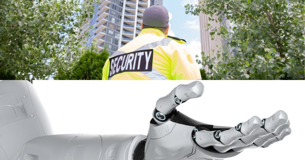 Security guard and a robotic arm, symbolizing human-robot collaboration in security.