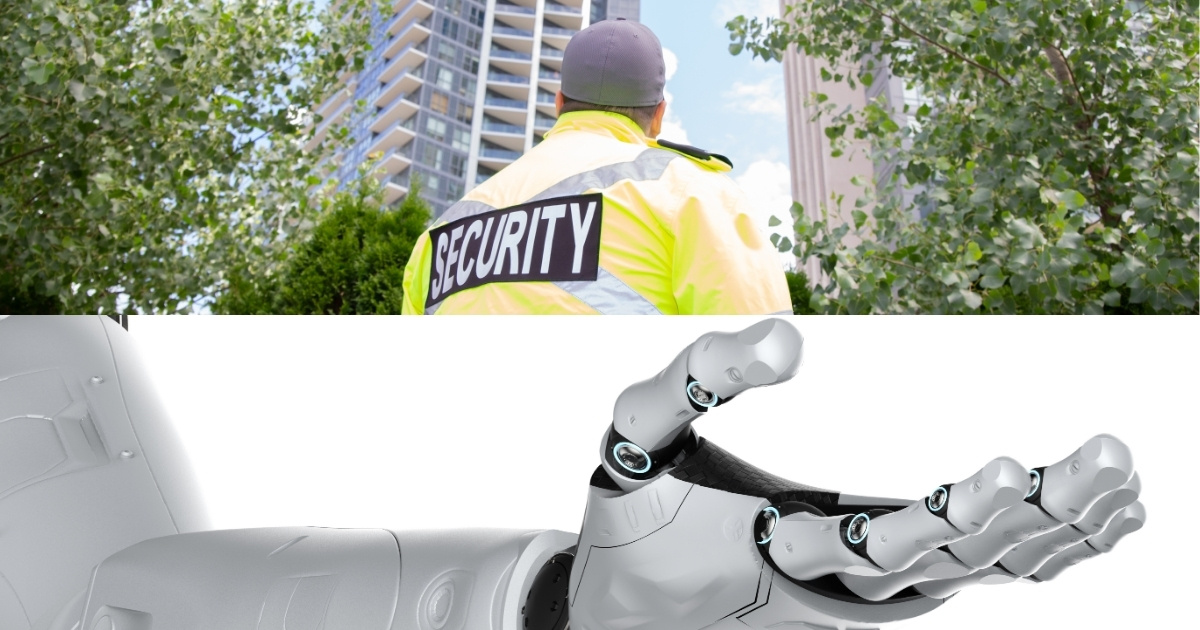 Security guard and a robotic arm, symbolizing human-robot collaboration in security.