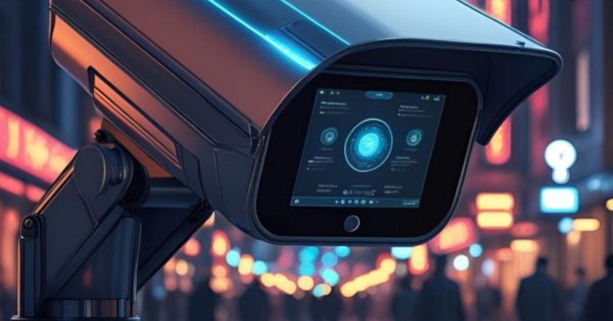 A sleek, modern CCTV camera with a futuristic design, suggesting AI-powered features such as facial recognition or smart motion detection. Its advanced appearance indicates enhanced surveillance capabilities beyond standard recording
