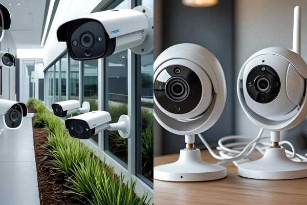 A layout of a hybrid CCTV system, showing wired security cameras installed inside the home and wireless cameras positioned outside to monitor outdoor areas. The image illustrates how the system combines wired connections for indoor coverage and wireless technology for exterior surveillance