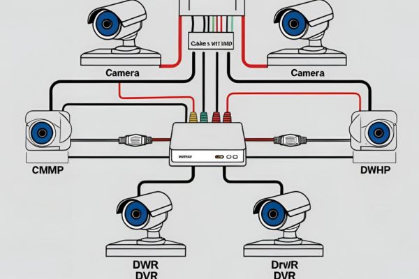 A diagram illustrating a wired CCTV surveillance system layout. The image shows multiple security cameras connected by cables to a central Digital Video Recorder (DVR), highlighting the physical wiring paths and system structure for recording and monitoring video footage