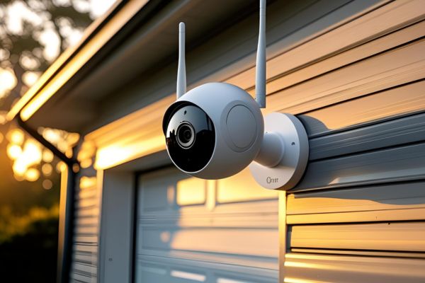 A wireless outdoor security camera mounted above a residential garage. The camera has a sleek, weather-resistant design and no visible cables, emphasizing its wire-free installation and use for monitoring the exterior of the home