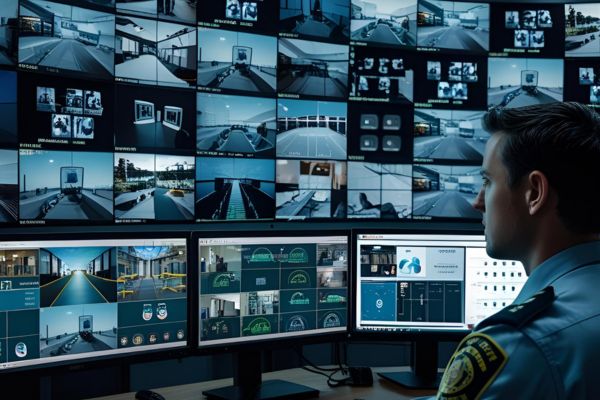 A security control room equipped with multiple monitors displaying live CCTV camera feeds from various locations. Digital dashboards alongside the footage provide real-time analytics, such as motion detection alerts and access logs. The setup reflects a centralized surveillance system designed for efficient monitoring and rapid response