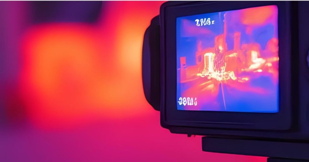 A thermal image view from a camera, highlighting heat signatures in varying colors to detect activity in low-visibility conditions.