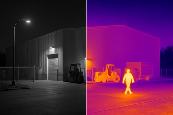 Split-screen image showing a warehouse at night using both standard and thermal imaging, with the thermal image clearly revealing heat signatures.