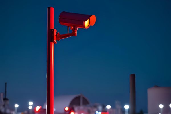High-mounted thermal security camera overseeing a fenced industrial complex in nighttime conditions.