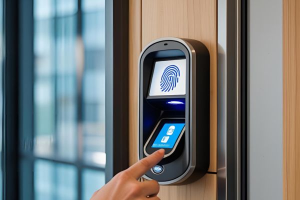 A close-up view of a fingerprint scanner and keycard reader installed at a secure office entrance. The access control system is sleek and modern, allowing authorized personnel to enter using biometric or RFID credentials. This setup emphasizes high-security standards and controlled access within the workplace.