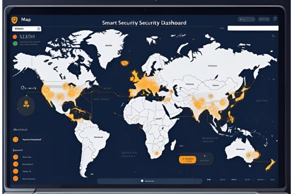 A digital mockup of a smart security dashboard displaying real-time alerts with active monitoring zones. The interface includes visual indicators for unauthorized access and system health. It represents an integrated surveillance system designed for centralized, data-driven security management