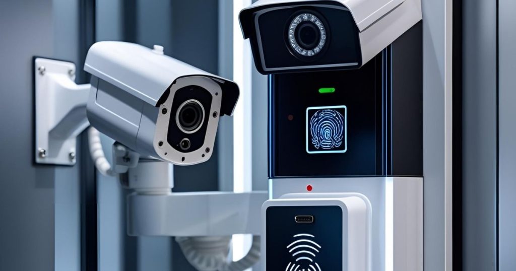 Two high-tech security cameras mounted on a sleek surface, one equipped with a fingerprint scanner and biometric access panel, representing modern surveillance and access control technology
