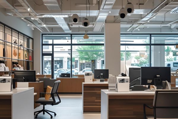 A modern office space featuring clearly visible CCTV cameras mounted on the ceiling. Security signage is displayed prominently, reminding visitors and staff that the premises are under 24/7 surveillance. The setup conveys a professional environment with a focus on safety and monitoring.